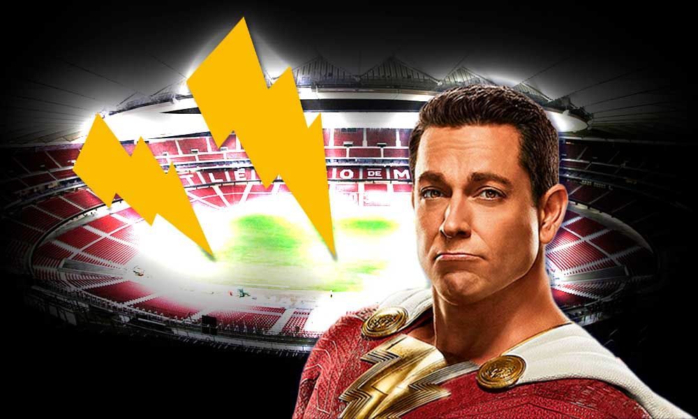 Laser graphics on the Civitas Metropolitano lawn for the promotion of Shazam ii